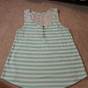 Teal and white striped shirt with white lace
